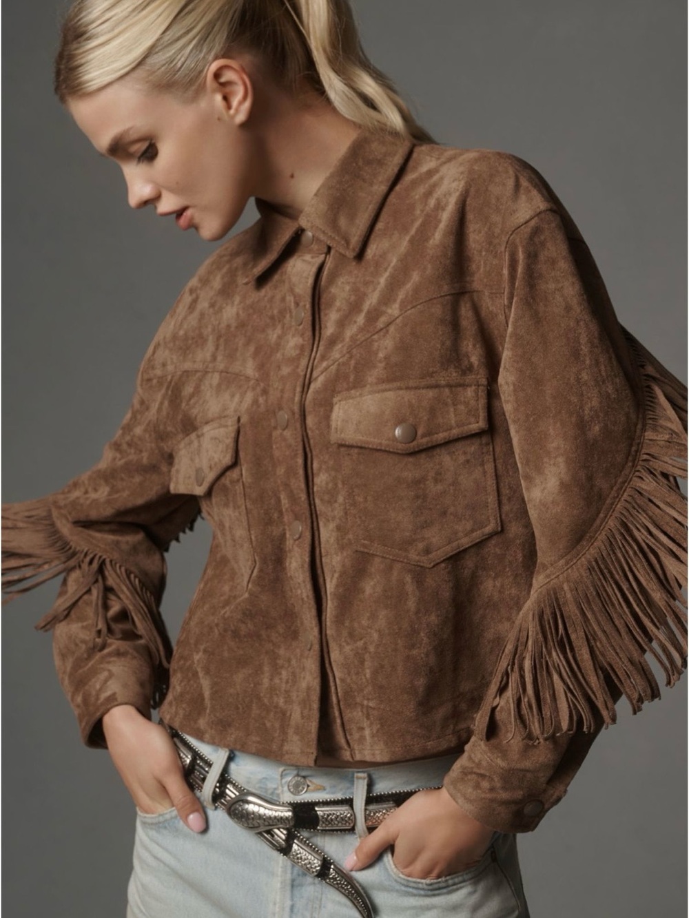 BLANKNYC - Anthropologie Brown Faux Suede Fringe Western Shacket Jacket
